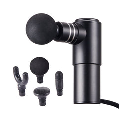 Black portable mini massage gun with black spherical head and four interchangeable attachments.