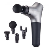 Handheld deep tissue massage gun with six speeds and four interchangeable heads.