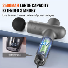 Gray Bostome massage gun with 6 heads, 8 speeds, and 2500mAh battery on display.