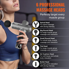 Woman holding gray Bostome massage gun with 6 interchangeable heads for deep tissue massage.