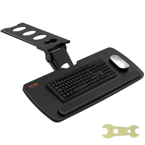 Black adjustable under-desk keyboard tray with slide-out design, keyboard, mouse, and wrench.