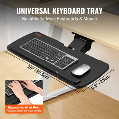 Adjustable height under-desk keyboard tray with ergonomic slide-out design, 25x9.8 inches, holding keyboard and mouse.