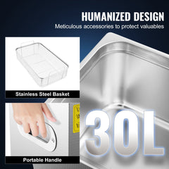 Stainless steel 30L ultrasonic cleaner with basket, portable handle, and digital controls.