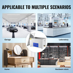 Collage showing 30L ultrasonic cleaner in garage, lab, home, and hardware store settings.