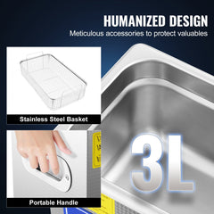 Stainless steel ultrasonic jewelry cleaner with 3L tank, digital timer, heater, and portable handle.