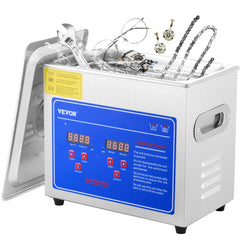 Bostome 3L ultrasonic jewelry cleaner with digital timer, heater, and stainless steel tank containing jewelry and tools.