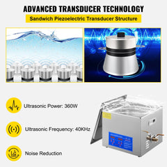 15L stainless steel ultrasonic cleaner with 40kHz frequency, digital timer, heater, and open lid.