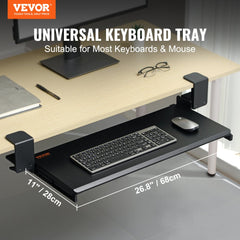 Pull-out keyboard tray under desk with C-clamp mount, 26.8x11 inches, holding keyboard and mouse.