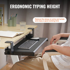 Pull-out keyboard tray mounted under a desk with ergonomic typing height.