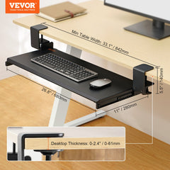 Pull-out keyboard tray with C-clamp mount, 26.8x11 inches, under desk with keyboard and mouse.