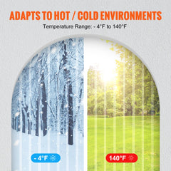 Graphic showing PVC strip curtain adapting to cold snowy -4°F and hot sunny 140°F environments.