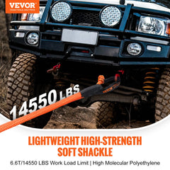 Two orange synthetic soft shackles with 44,092 lbs working load limit on a blue off-road vehicle.
