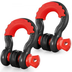 Two black 3/4-inch D-ring shackles with red accents and screw pins, 9500 lbs WLL.