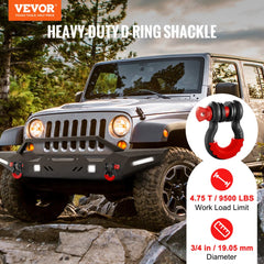 Two black and red D-ring shackles are shown with a silver Jeep on a rocky trail.