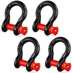 Four black 1/2-inch D-ring shackles with red pins, made of alloy steel.