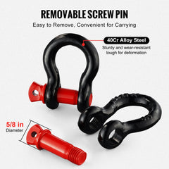 Four black 1/2-inch D-ring shackles with red removable pins and 40Cr alloy steel construction.
