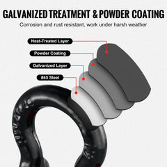 Diagram of a black 1/2-inch D-ring shackle showing 45# steel, galvanized, heat-treated, and powder-coated layers.