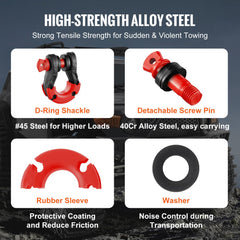 Two black 3/4-inch D-ring shackles made of alloy steel with 30-ton strength, featuring screw pins, rubber sleeves, and washers.