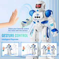 A 10.43-inch tall RC robot toy for kids with gesture control, dancing, and programmable moves.