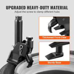 Manual tire bead breaker tool with adjustable screw, thickened claw, and sturdy base clamping a tire bead.
