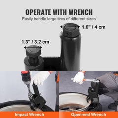 Manual tire bead breaker tool with wrench-operated screw drive for 38-42 inch tires.