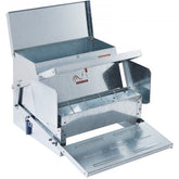 Open galvanized steel automatic chicken feeder with 25 lbs capacity and treadle pedal.