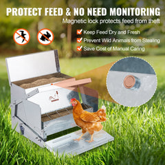 Silver galvanized steel automatic chicken feeder with 25 lbs capacity and magnetic lock.