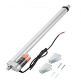 Silver 12V 18-inch linear actuator with 330lbs load capacity, orange motor, wires, and mounting brackets.