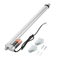 Silver 12V 18-inch linear actuator with 330lbs load capacity, orange motor, wires, and mounting brackets.