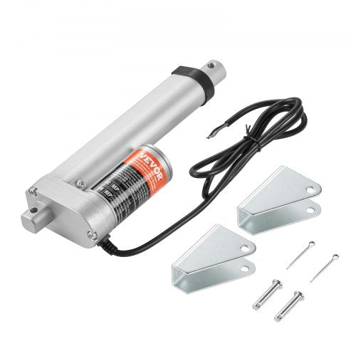 Silver Bostome 12V 4-inch linear actuator with 330lbs force, brackets, and wires.