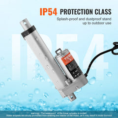 Silver 12V 4-inch linear actuator with IP54 protection, showing water droplets on its surface.