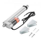 Silver 12V linear actuator with 6-inch stroke, 330lbs capacity, black wires, and mounting brackets.
