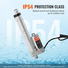 Silver 12V linear actuator with 6-inch stroke, 330lbs force, and IP54 waterproof rating, shown with water droplets.