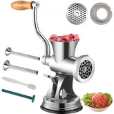 Manual stainless steel meat grinder with wooden handle, sausage attachments, and ground meat.
