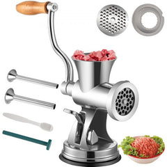 Manual stainless steel meat grinder with wooden handle, sausage attachments, and ground meat.