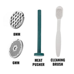 Set of meat grinder accessories: 8mm and 6mm stainless steel plates, green meat pusher, and white cleaning brush.