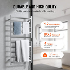 Silver stainless steel wall-mounted heated towel rack with 10 bars and temperature control.