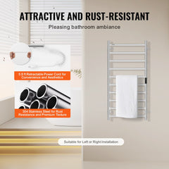 Silver stainless steel wall-mounted heated towel rack with 10 bars and a sleek design.