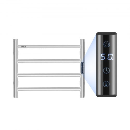 Silver stainless steel 4-bar wall mounted heated towel rack with a sleek design.