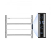 Silver stainless steel 4-bar wall mounted heated towel rack with a sleek design.