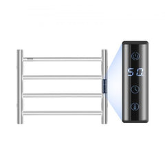Silver stainless steel 4-bar wall mounted heated towel rack with a sleek design.