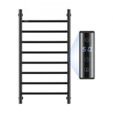 Black 8-bar wall-mounted heated towel rack with digital temperature display.