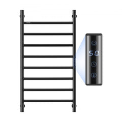 Black 8-bar wall-mounted heated towel rack with digital temperature display.