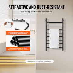 Black 8-bar wall-mounted heated towel rack with stainless steel construction and flexible power cord.