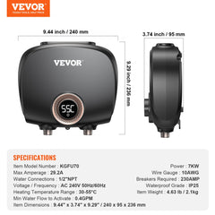 Bostome 7KW electric tankless water heater with digital display and compact under-sink design.