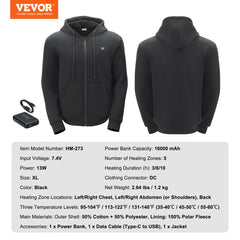 Black unisex heated hoodie sweatshirt with zip, battery, and soft fleece lining in XL size.