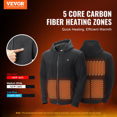 Black heated zip-up hoodie with five carbon fiber heating zones and front zipper.