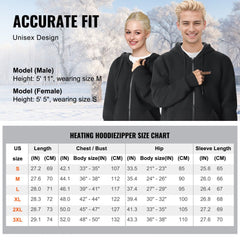 Black unisex heated hoodie sweatshirt with zip, fleece lining, and carbon fiber heating zones.
