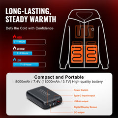 Black unisex XXL zip-up heated hoodie with battery pack and heat settings.