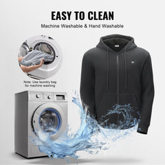 Black zip-up hoodie sweatshirt shown being machine washed and hand washed with a washing machine.